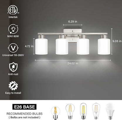 FonmYim Brushed Nickel Bathroom Light Fixtures, 4-Light Modern Vanity Light Over Mirror, Wall Sconces with Milky White Frosted Glass Shades, E26 Socket (Bulbs Not Included)