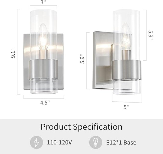 WUZUPS Set of 2 1-Light Bathroom Wall Light Fixture Over Mirror Flat Class Shade Morden Vanity Scones for Bathroom Bedroom Living Room, E12 Base, Brushed Nickel