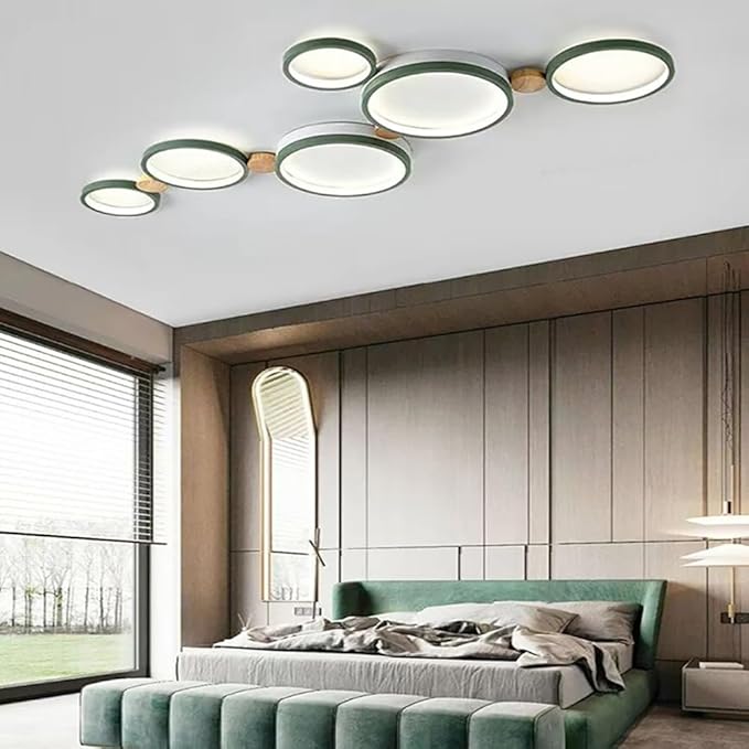 6-Lights LED Ceiling Light Fixture,42 Inch Modern Ceiling Lights Flush Mount Wooden 40W Dimmable Chandelier for Living Room Bedroom Kitchen,3000K/4000K/6000K Temperatures Selectable Green