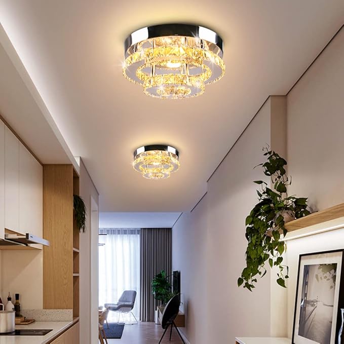 Mini Chandelier LED Crystal Ceiling Light 2 Layers Round Flush Mount Ceiling Light Modern Chandelier Lighting for Hallway Staircase Kitchen Bathroom （Dimmable）