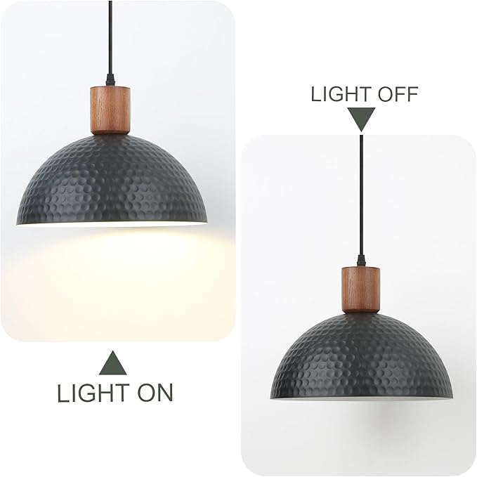 12" Hammered Metal Pendant Light,Black and Wood Pendant Lamp Fixture Ceiling Hanging Light,Modern Industrial Style Dome Hanging Lights for Kitchen Island,Restaurant,Farmhouse Dining Room,Sink,Hallway