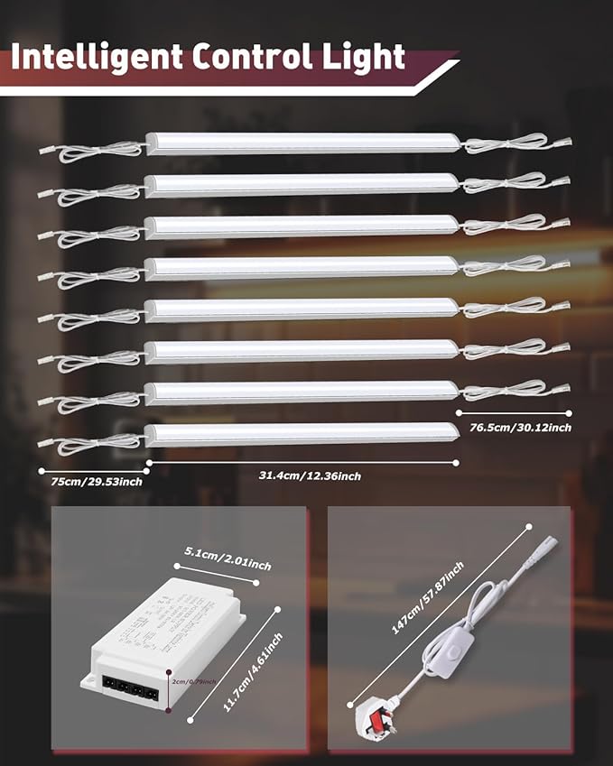 Cefrank Under Cabinet Lighting, 8pcs 12" V-Shape Linkable LED Light Bars for Kitchen Cabinet, Showcase Display, Shelf - 16Watt 1600Lumens - Pure White (6000K)