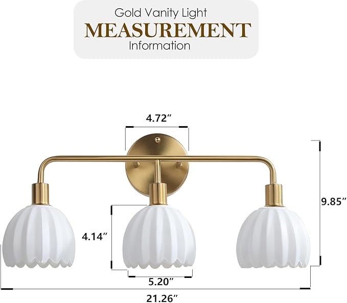 Brushed Gold 3-Light Vanlity Light Over Mirror,Wall Sconces,Gold Brass Bathroom Light Fixture with White Glass Flower Shade,E26 Socket(Bulbs Not Included)