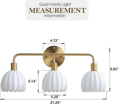 Brushed Gold 3-Light Vanlity Light Over Mirror,Wall Sconces,Gold Brass Bathroom Light Fixture with White Glass Flower Shade,E26 Socket(Bulbs Not Included)