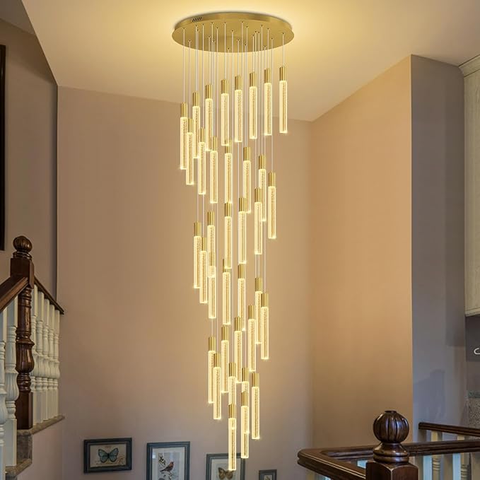 Extra Long Crystal Chandelier for High Ceiling, 36-Light Gold Crystal Column Chandeliers, Modern Dimmable LED Light Fixtures for Foyer, Staircase, Hotel Lobby