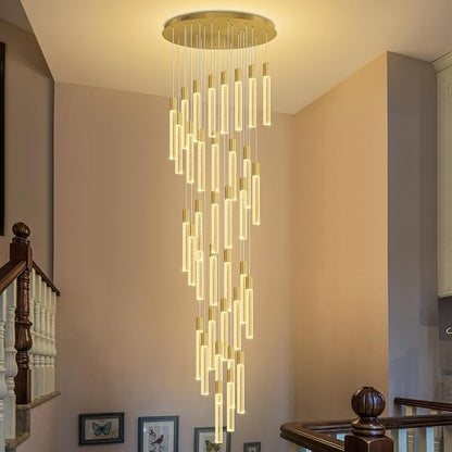 Extra Long Crystal Chandelier for High Ceiling, 36-Light Gold Crystal Column Chandeliers, Modern Dimmable LED Light Fixtures for Foyer, Staircase, Hotel Lobby