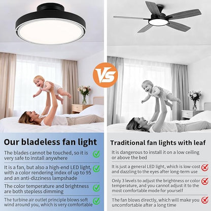 Bladeless Ceiling Fans with Lights and Remote, Flush Mount Modern Ceiling Fan with Light, 6 Speeds, Stepless dimming & 3000-6000K CCT LED Lights for Bedroom, Living Room (Black)