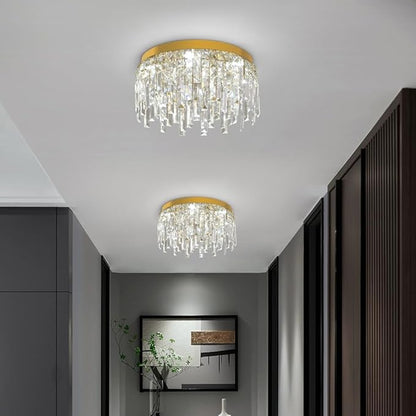 VETRULUS Gold Crystal Chandeliers for Dining Room 15.74" Round Luxury Flush Mount Crystal Ceiling Light Fixture Modern Chandelier for Bedroom Living Room Kitchen Island