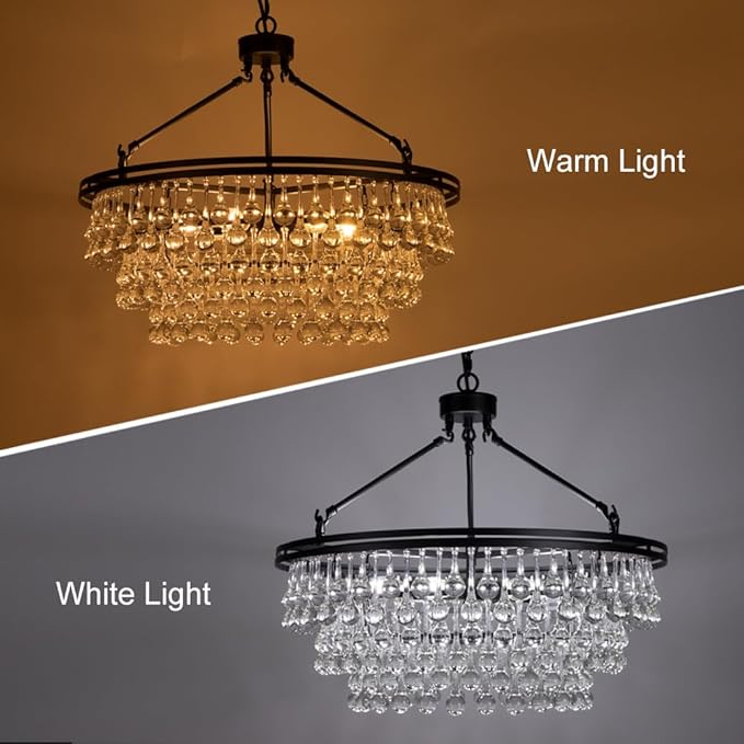 TOCHIC Black Crystal Chandelier 24 inch, Modern Farmhouse Light Fixtures Ceiling Hanging Crystal Pendant Lighting for Bedroom, Dining Room, Kitchen Island Light, Living Room Chandelier, 3 Tiers