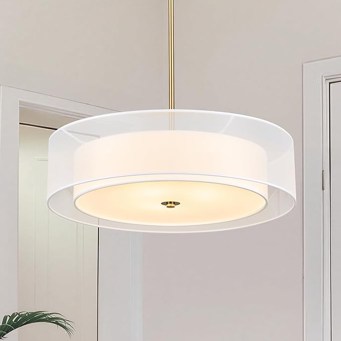VONLUCE Drum Chandelier, 20" 3-Light Modern Chandelier with 2-Tier Fabric Lampshade, Modern Ceiling Light Fixture for Dining Room Bedroom Living Room with E26 Sockets, Gold Finish, ETL Certified
