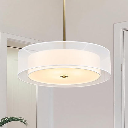 VONLUCE Drum Chandelier, 20" 3-Light Modern Chandelier with 2-Tier Fabric Lampshade, Modern Ceiling Light Fixture for Dining Room Bedroom Living Room with E26 Sockets, Gold Finish, ETL Certified