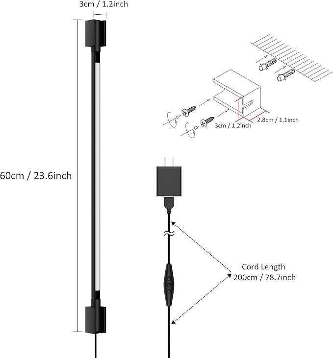 Aipsun 23.6inch Plug in Wall Sconces Black Wall Light with Remote Modern LED 3 Color Temperatures Sconces Wall Lighting for Living Room Bedroom Hallway