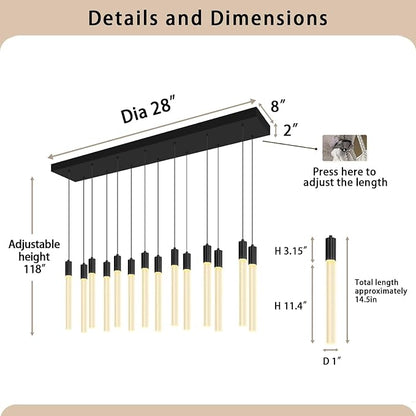 Modern Rectangular Crystal Chandelier Led 14-Light Black Crystal Column Chandelier for Staircase, Living Room, Foyer, Hallway