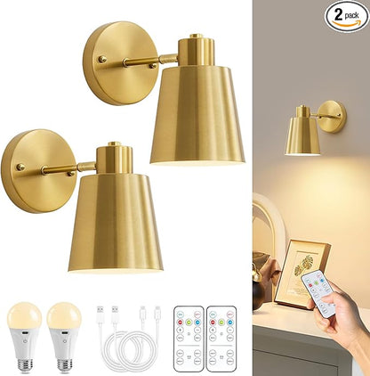 Gold Battery Operated Wall Sconces Set of Two with Remote, Rechargeable Battery Powered Wall Lights, 3 Color Temperature, Dimmable, Modern Wireless Wall Lamps for Bedroom Living Room Hallway