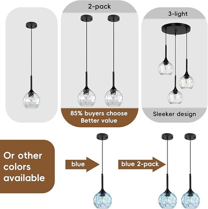 Glass Pendant Lights Kitchen Island: 5.91'' 2-Pack 1-Light Blue Hammered Glass Pendant Light with Black Finish - Modern Minimalist Hanging Light Fixture for Kitchen Sink Dining Room Bedroom
