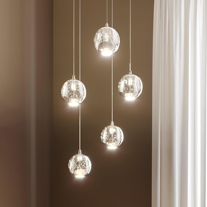 5-Light Modern Chrome Glass Globe Chandelier, Hanging Cluster Pendant Light Kitchen Island & Foyer Chandelier, Warm White 3000K, Chrome Pendant Lights Cluster, Ø 11.03 in
