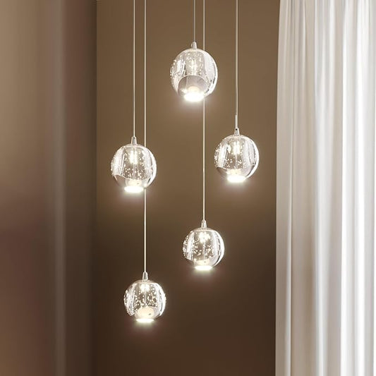 5-Light Modern Chrome Glass Globe Chandelier, Hanging Cluster Pendant Light Kitchen Island & Foyer Chandelier, Warm White 3000K, Chrome Pendant Lights Cluster, Ø 11.03 in