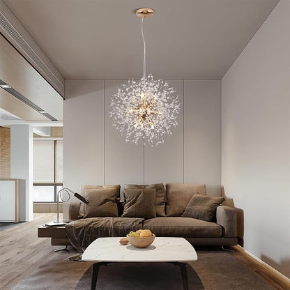 Firework Gold Crystal Chandelier, 9-Light Dandelion Chandelier Lighting for Dining Room, 19.6" Modern Sputnik Pendant Light for Bedroom Kitchen Island