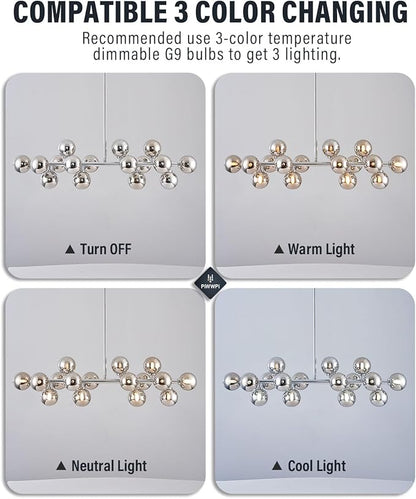 Glass Globe Sputnik Chandelier, 16-Light Mid Century Modern Light Fixture Over Table, Linear Chandeliers for Dining Room, Kitchen Island, Chrome and Smoke Grey Bubble, 40 Inch, GC-02