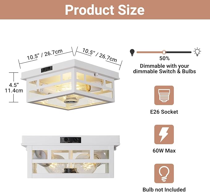 CALOKES Outdoor Flush Mount Motion Sensor White Ceiling Light - Timeless Industrial Design with Seeded Clear Glass for Your Porch, Driveway, Covered Patio, Farmhouse, and Entryway