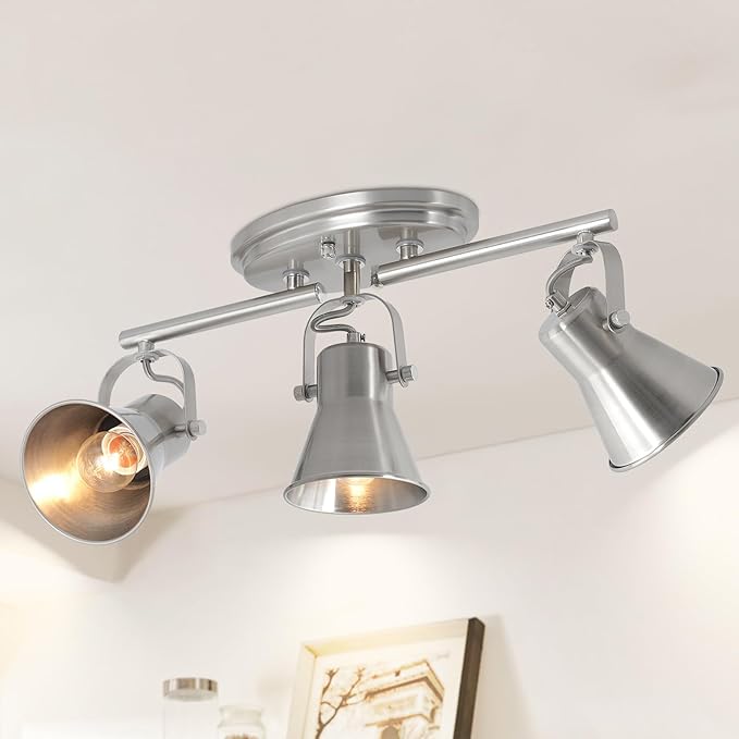 Nickel 3-Light Track Lighting Kit, Directional Ceiling Light Fixtures, Industrial Kitchen Lighting for Island, Over Table, Hallway，Laundry Room