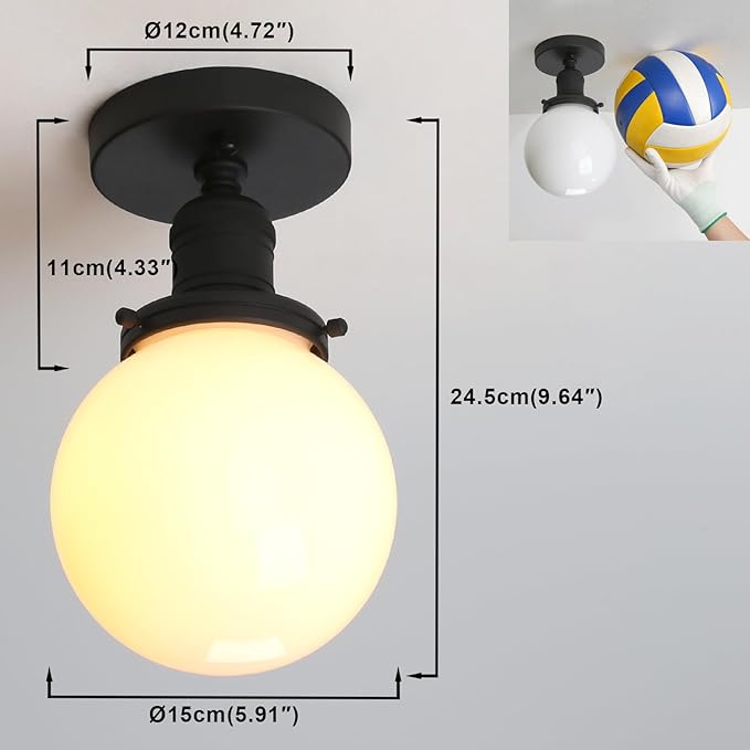 Yosoan 1-Light Modern Hallway Ceiling Light Fixture with Milk Round Glass, Indoor Hardwired Vintage Indoor Flush Mount Lighting with Matte Globe Shade Lights for Kitchen Bathroom Porch Entryway(Black)