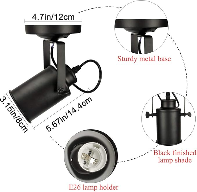 TISLYCO Black Wall Sconces Set of Two, Industrial Track Lighting Ceiling Spotlight, Matt Black Vintage Wall Mount Lights, Rotate Head Lamp for Indoor Living Bedroom Loft Cafe Bar