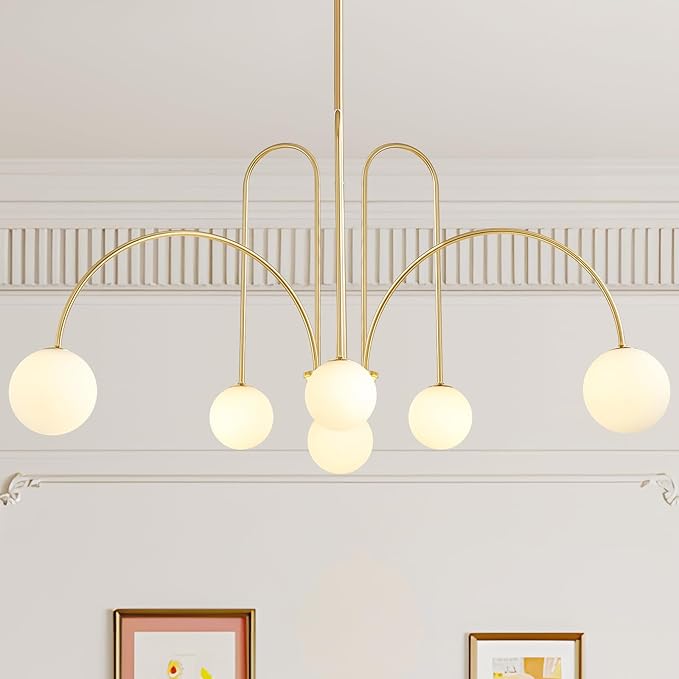 Modern Gold Sputnik Chandelier 6-Light Mid Century Chandelier for Dining Room with Milky Glass Globe Brushed Brass Ceiling Pendent Light Fixture for Living Room Kitchen Island Foyer Bedroom