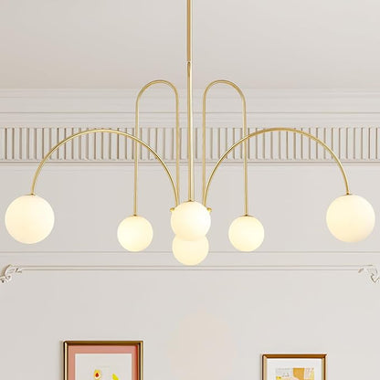 Modern Gold Sputnik Chandelier 6-Light Mid Century Chandelier for Dining Room with Milky Glass Globe Brushed Brass Ceiling Pendent Light Fixture for Living Room Kitchen Island Foyer Bedroom