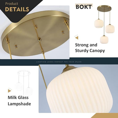 BOKT White Pendant Lights Kitchen Island 3 Light Globe Cluster Pendant Light Large Ribbed Glass Cluster Chandelier Gold Vintage Adjustable Hanging Light Fixture for Sink Dining Room