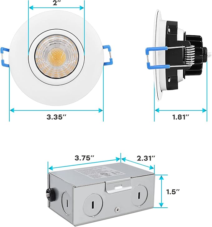 LUXRITE 3 Inch Gimbal LED Recessed Light with Junction Box, 5CCT Color Selectable 2700K-5000K, Dimmable Adjustable Eyeball Swivel Lights, 600 Lumens, 8W, IC Rated, Damp Rated, ETL Listed