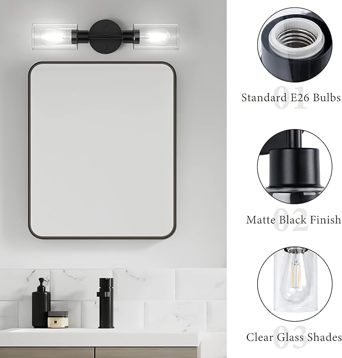 Bathroom Light Fixtures 2 Light Black, Bathroom Vanity Lights Over Mirror, Bathroom Sconces Wall Lighting，Farmhouse Matte Black Bathroom Vanity Light, Modern Vanity Lights with Clear Shades