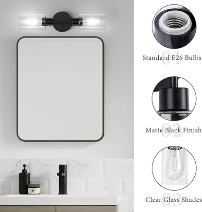 Bathroom Light Fixtures 2 Light Black, Bathroom Vanity Lights Over Mirror, Bathroom Sconces Wall Lighting，Farmhouse Matte Black Bathroom Vanity Light, Modern Vanity Lights with Clear Shades