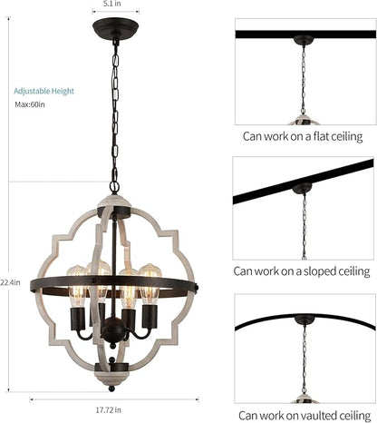 MEIXISUE Rustic Farmhouse Chandelier,ORB+Oak Finish,4-Light Vintage Antique Chandeliers Pendant Light Fixtures for Kitchen Dining Room Living Room Entryway Foyer UL Listed