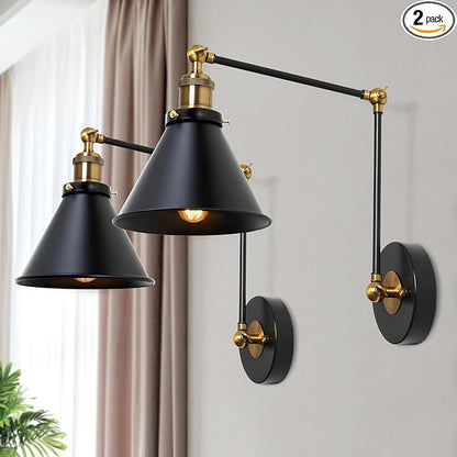 LALUZ Black Wall Sconces Lighting, 2 Pack Modern Industrial Swing Arm Plug in or Hardwired Adjustable Wall Lamp with Antique Brass Finish for Bedroom, Kitchen, and Living Room