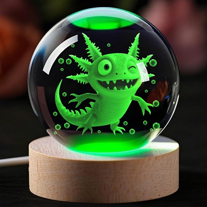 Axolotl 3D Crystal Ball Night Light, 2.36 inch, Axolotl Gifts for Kids Birthday Decorations LED Base Christmas Decor Handmade Emotional Support Doll