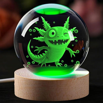 Axolotl 3D Crystal Ball Night Light, 2.36 inch, Axolotl Gifts for Kids Birthday Decorations LED Base Christmas Decor Handmade Emotional Support Doll