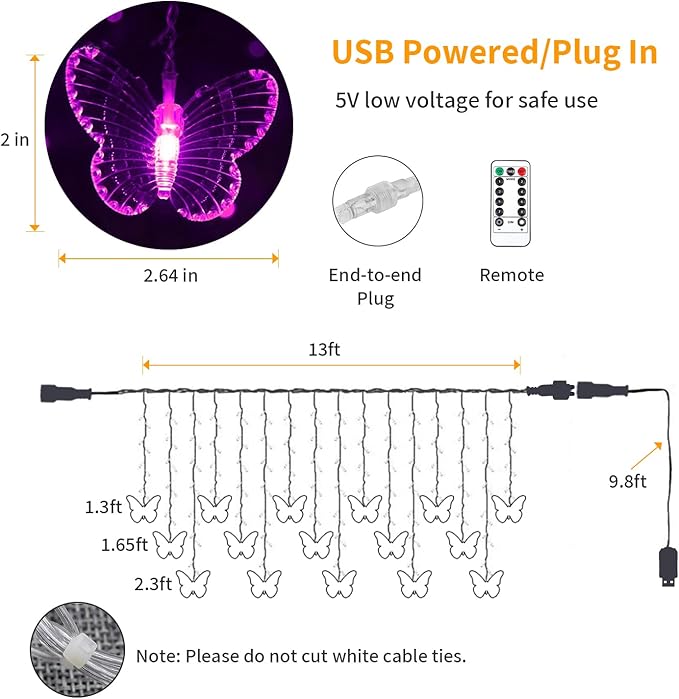 YOLIGHT Butterfly Curtain Lights, Pink Fairy Lights with Remote Timer, 8 Modes Twinkle LED for Girls' Room Dorm Garden Window Party Wedding Christmas Decor (Neon Pink), 13ft