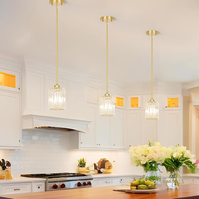 Lxybcce Brushed Gold Kitchen Pendant Lights Over Island with Adjustable Rods - Crystal Pendant Lighting Fixtures for Sloped Ceiling, Ideal Over Dining Table or Bar, E26 Bulb Compatible