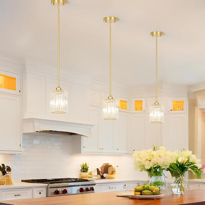 Lxybcce Brushed Gold Kitchen Pendant Lights Over Island with Adjustable Rods - Crystal Pendant Lighting Fixtures for Sloped Ceiling, Ideal Over Dining Table or Bar, E26 Bulb Compatible