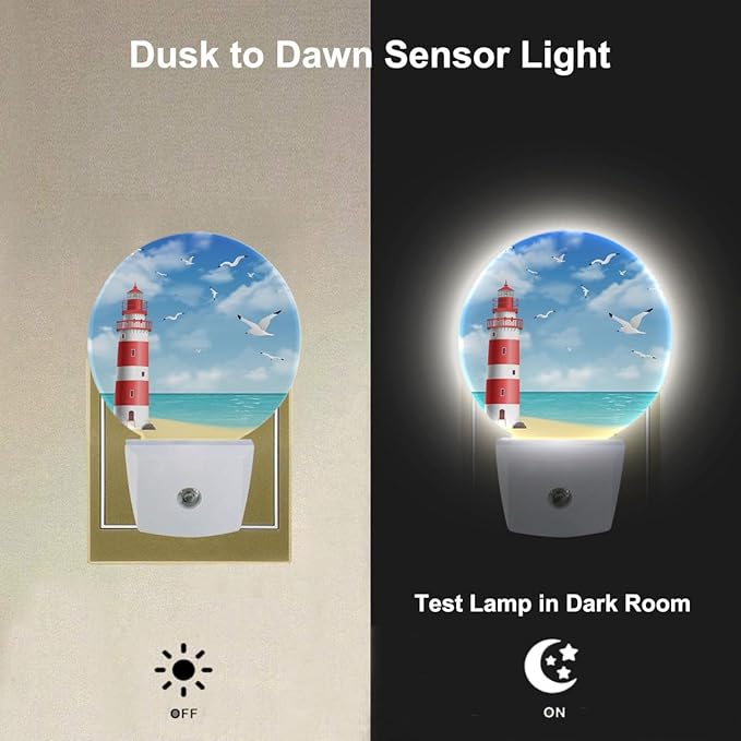 Lighthouse Seabirds Night Lights Plug into Wall Ocean Beach Seagull Blue Sunny Sky Clouds LED Dusk to Dawn Plug-in Nightlight Auto Sensor for Bedroom Bathroom Hallway Living Room