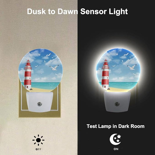 Lighthouse Seabirds Night Lights Plug into Wall Ocean Beach Seagull Blue Sunny Sky Clouds LED Dusk to Dawn Plug-in Nightlight Auto Sensor for Bedroom Bathroom Hallway Living Room