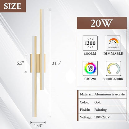 LED Wall Sconce Set of 2 Gold Remote Modern LED Vanity Lights Set of 2 Indoor Wall Light Fixtures for Living Room, Dimmable Wall Sconce for Bedside Bedroom Bathroom, 31.5inch 2 Pack