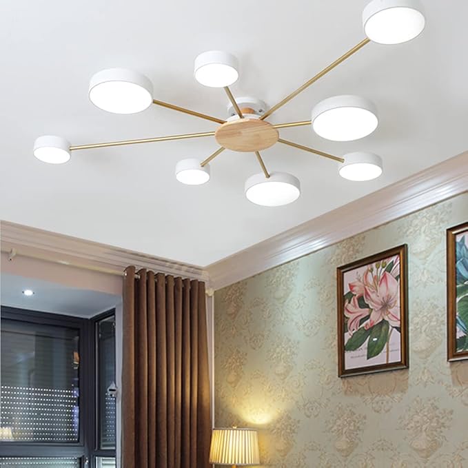 LED Ceiling Light Fixture,48 Inch 8-Lights Modern Ceiling Lights Flush Mount Wooden 64W Dimmable Chandelier for Living Room Bedroom Kitchen,3000K/4000K/6000K Temperatures Selectable White