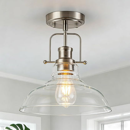 WILON Semi Flush Mount Ceiling Light Fixture, Brushed Nickel Farmhouse Light Fixtures with Clear Glass Shade, Modern Vintage Ceiling Lamp for Kitchen Island Sink Foyer Bathroom Entryway Laundry Room