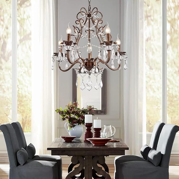 Saint Mossi 5-Lights Crystal Chandelier for Dining Room, Farmhouse Chandelier Style, K9 Crystal Pendant Light Rustic Lighting Fixture for Living Room, H24 x D23, Chain Adjustable
