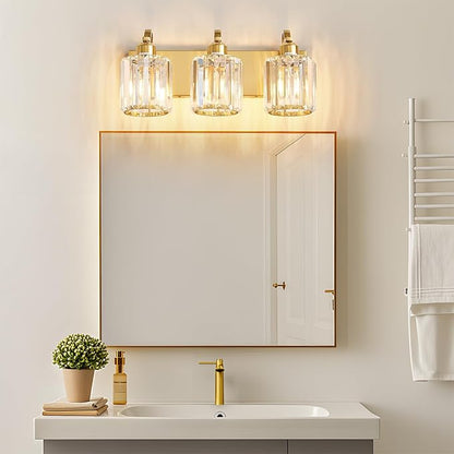 3-Light Gold Bathroom Light Fixtures,Modern Bathroom Vanity Lights Fixture with Clear Crystal Glass Shade, Modern Crystal 3 Lights Wall Sconce (Exclude Bulb)