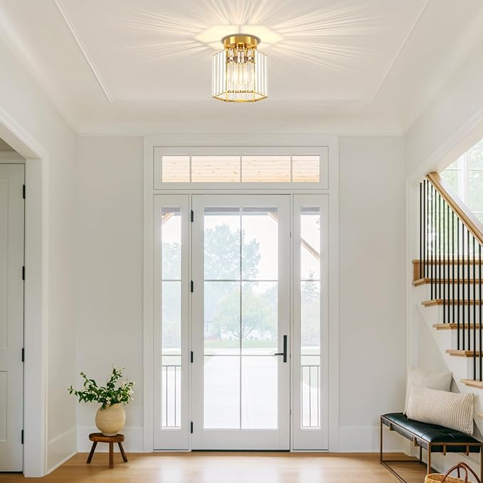 TOULMJ 2 Pack Brushed Gold Ceiling Lights, Modern Crystal Semi Flush Mount Kitchen Ceiling Lighting Fixtures Hallway Ceiling Lamp for Bathroom Bedroom Laundry Room Entryway Foyer Lighting