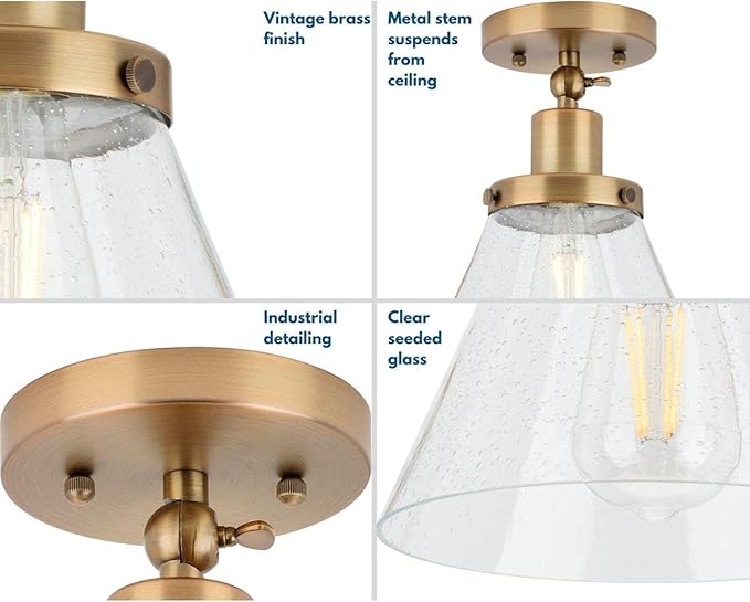 Progress Lighting Hinton Collection 1-Light Seeded Glass Vintage Brass Industrial Flush Mount Ceiling Light