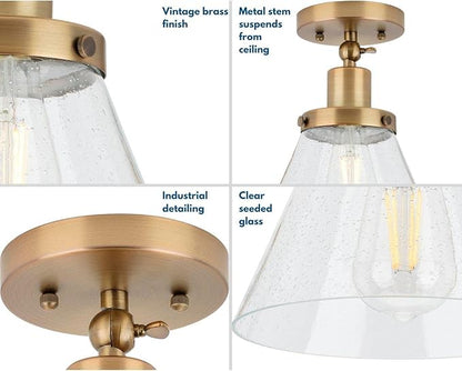 Progress Lighting Hinton Collection 1-Light Seeded Glass Vintage Brass Industrial Flush Mount Ceiling Light